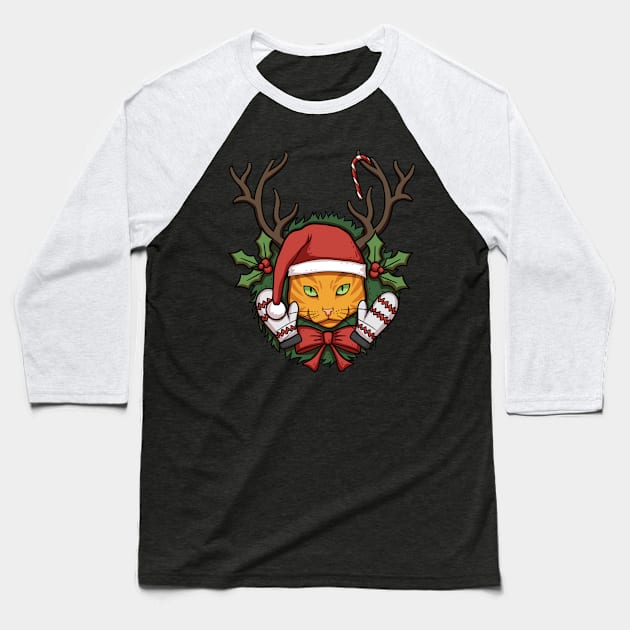 Ginger Christmas Cat Baseball T-Shirt by Cat Club